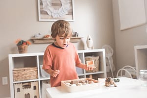 Young boy in an orange t-shirt excitedly plays with blocks at a table in his room. Photo by Paige Cody on Unsplash.