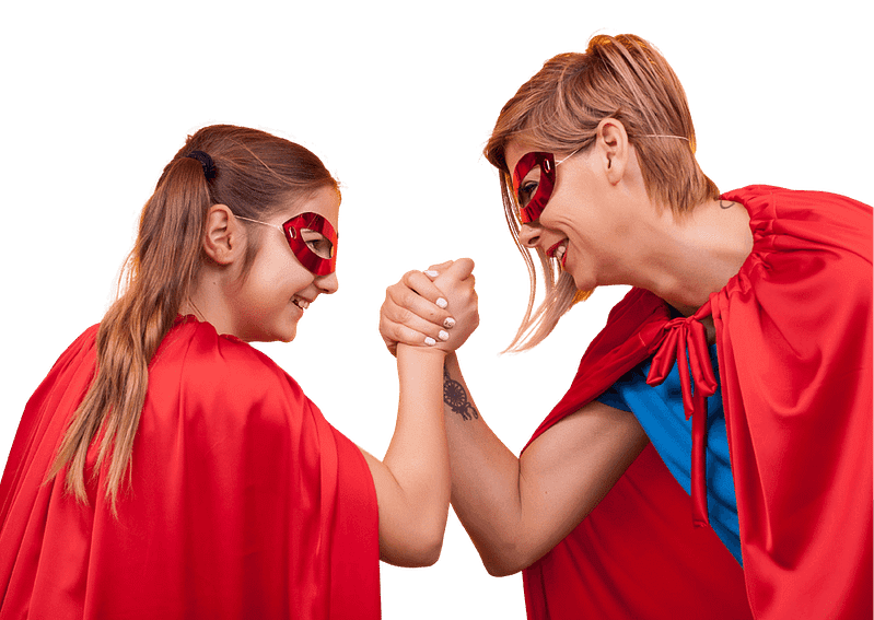 Woman and daughter in superhero capes